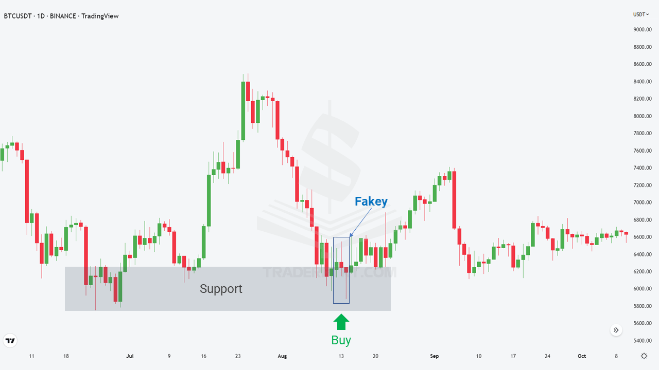 Biểu đồ xuất hiện tín hiệu Buy với mô hình nến Fakey tại vùng Hỗ Trợ trên biểu đồ BTCUSDT khung thời gian D1