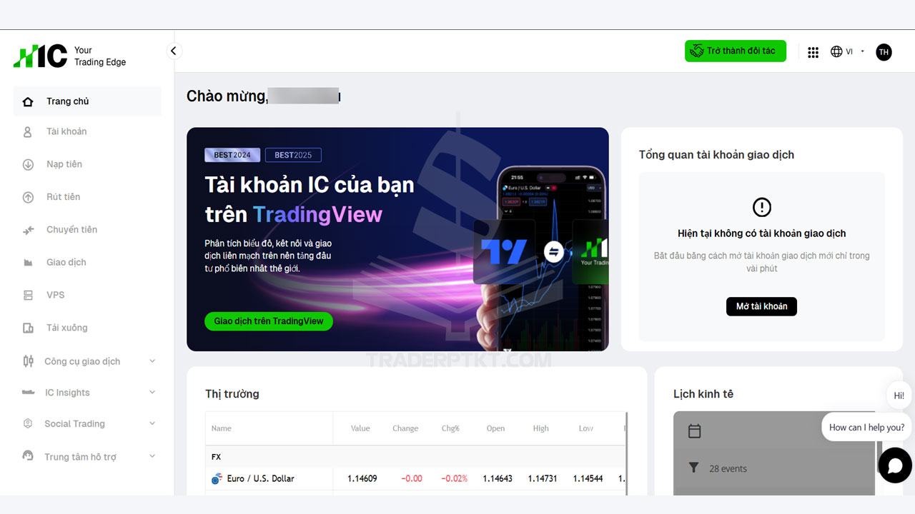 Giao diện quản lý tài khoản giao dịch