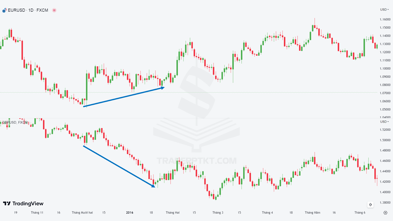 Biểu đồ phân kỳ EURUSD tạo đáy cao hơn và GBPUSD tạo đáy thấp hơn