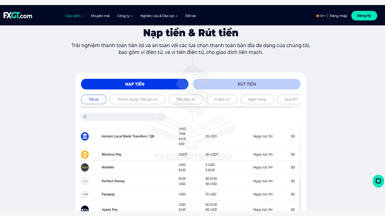 Nạp tiền và rút tiền trên sàn FXGT.com