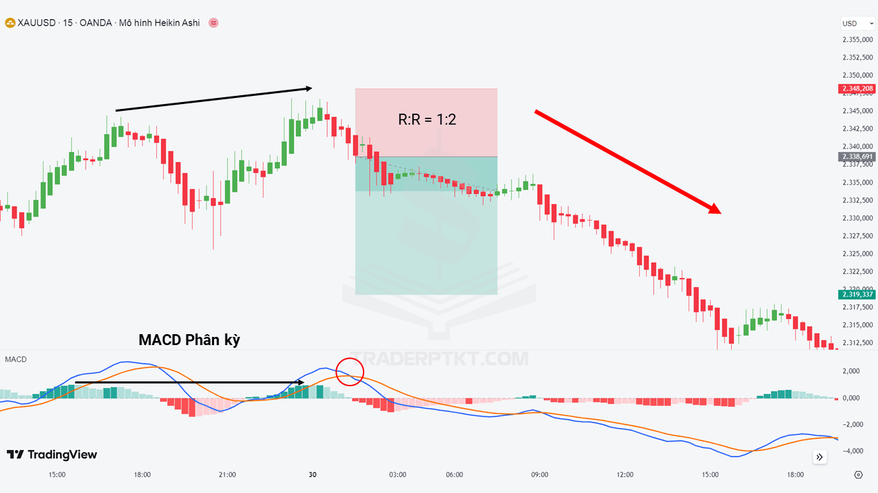 Ví dụ trường hợp giao dịch theo tín hiệu phân kỳ MACD