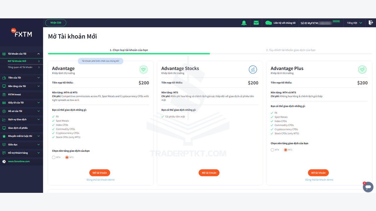 Các loại tài khoản giao dịch sàn FXTM