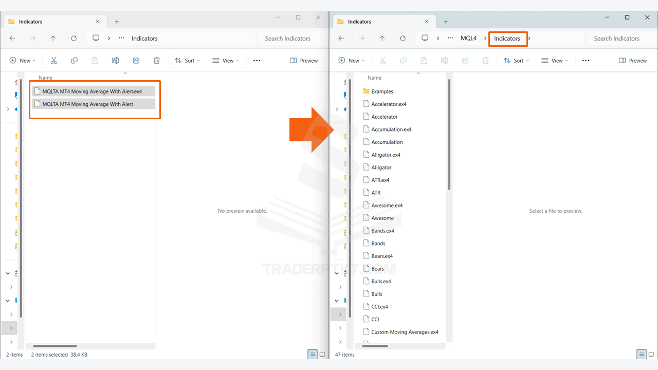 Copy file Moving Average Alert vào thư mục Indicator trong MQL4 hoặc MQL5