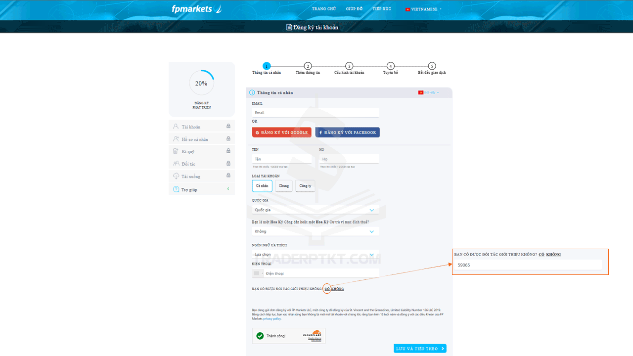 Điền thông tin đăng ký mở tài khoản FP Markets