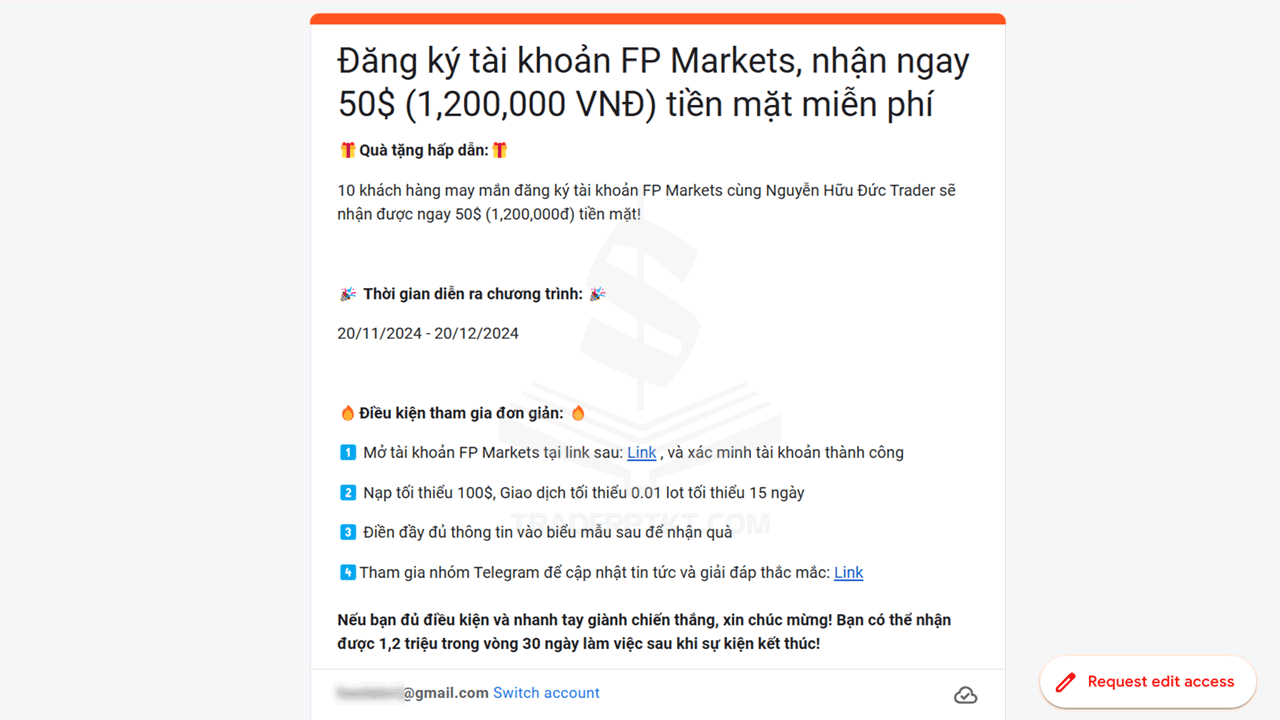 Form đăng ký tham gia chương trình nhận thường 50USD khi mở tài khoản FP Markets