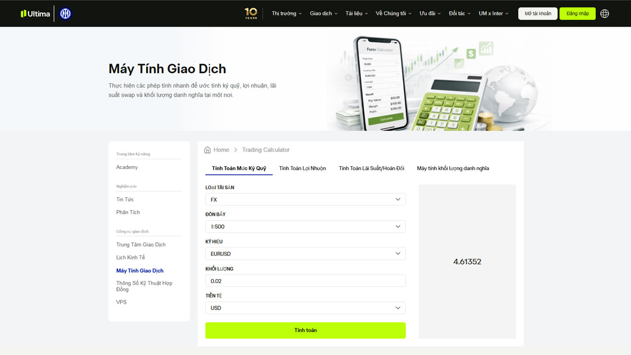 Công Cụ Trading Calculator Ultima Markets