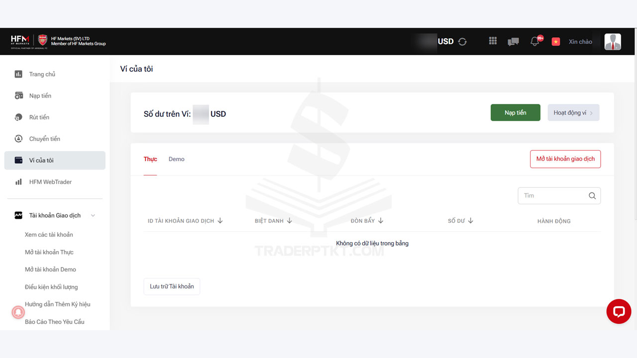 Giao diện Dashboard giao dịch sàn HFM